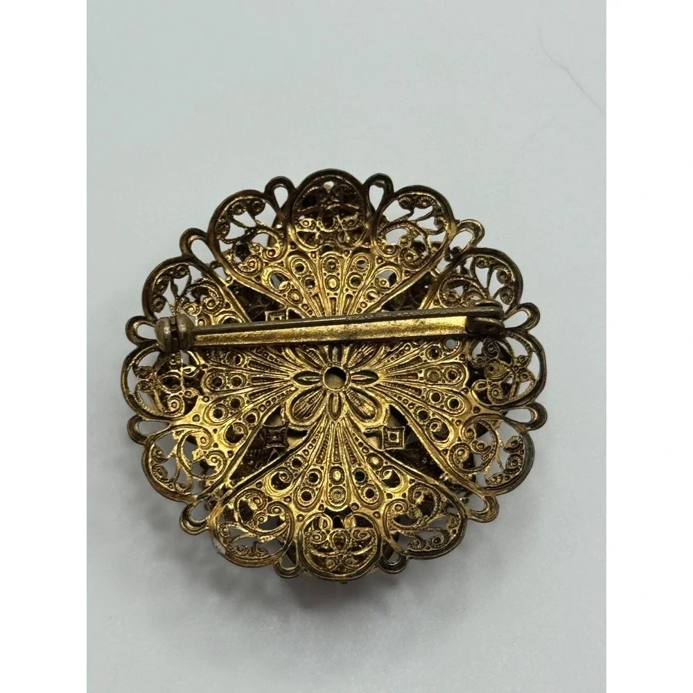 Vintage West Germany Cameo Brooch AB Rhinestone Faux‎ Pearl Filigree Brooch